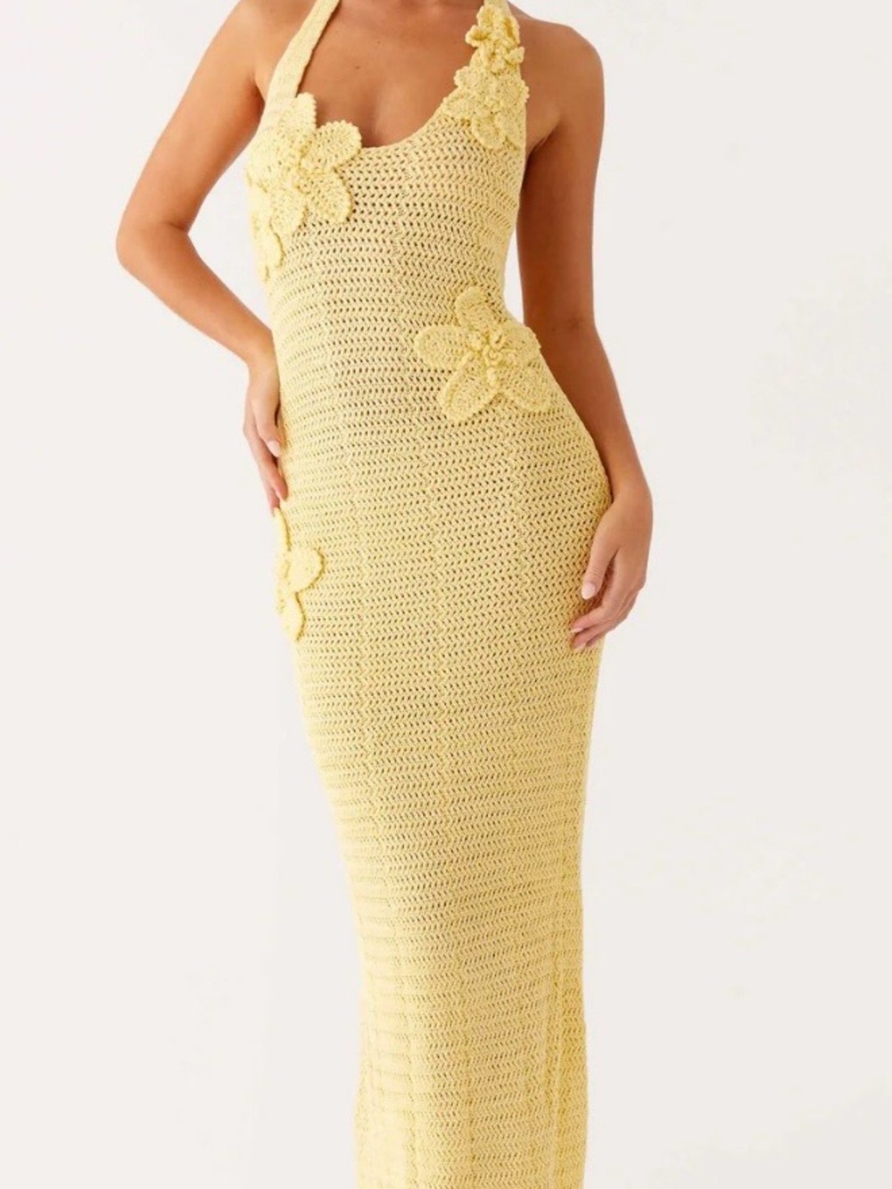 Peppermayo Pale Yellow Crochet Maxi Dress with Floral Appliqués